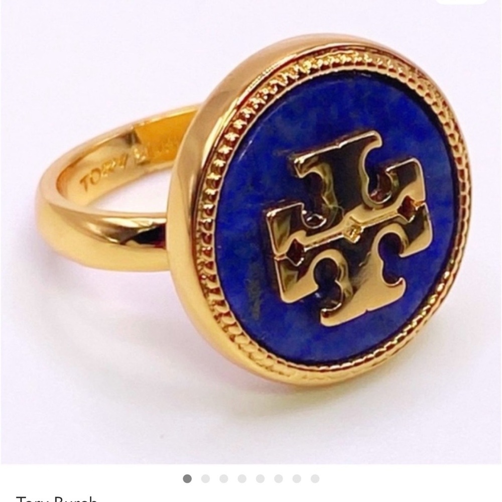 Tory Burch Gold and Deep Blue Emblem Ring